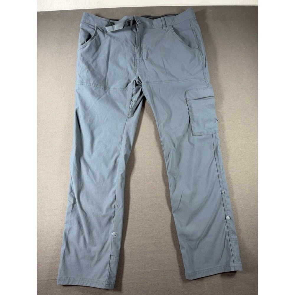 Prana Stretch Zion Pants Mens 38x30 Gray Nylon Belted Snap Vented Hiking Stretch